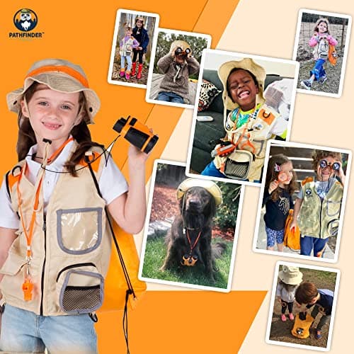 Kit Exploration Enfant avec Gilet Safari et Chapeau, Jumelles Enfant, Boussole Enfant, Loupe Enfant, Boite Loupe Insecte - Cadeau pour Les Garçons et Les Filles âgés de 3 à 12 Ans (Orange, 3-7)