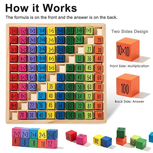Wisplye Table de Multiplication en Bois, Couleurs Jeu d'exercices de Multiplication Mathématique Montessori Jouets Éducatifs Cadeau pour Les élèves du Primaire et Les Enfants de 3+ Ans