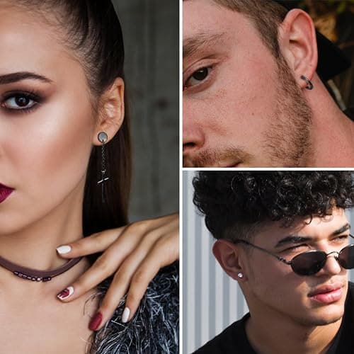JeweBella 15Paires Boucles d'Oreilles Homme Acier Inoxydable Boucles d'Oreilles Créoles Boucles d'Oreilles Pendantes Croix Piercing Cartilage Boucles d'Oreilles Noires/Argent pour Hommes Femmes