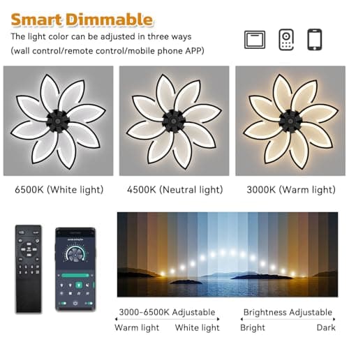 Lustre Ventilateur de Plafond, Ventilateur Plafond avec Lumiere Silencieux, Plafonnier Ventilateur Fleur Design Moderne, Dimmable, Fonction Mémoire, 6 Vitesses, Moteur DC, Réversible Eté Hiver, Nero