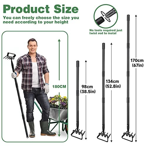 Houe de jardin 170cm Houe à étrier et râteau à pointes 4 dents 2 en 1 en acier inoxydable Houe à main Outil de jardin Houe à étrier avec action réglable pour désherber/meubler le sol