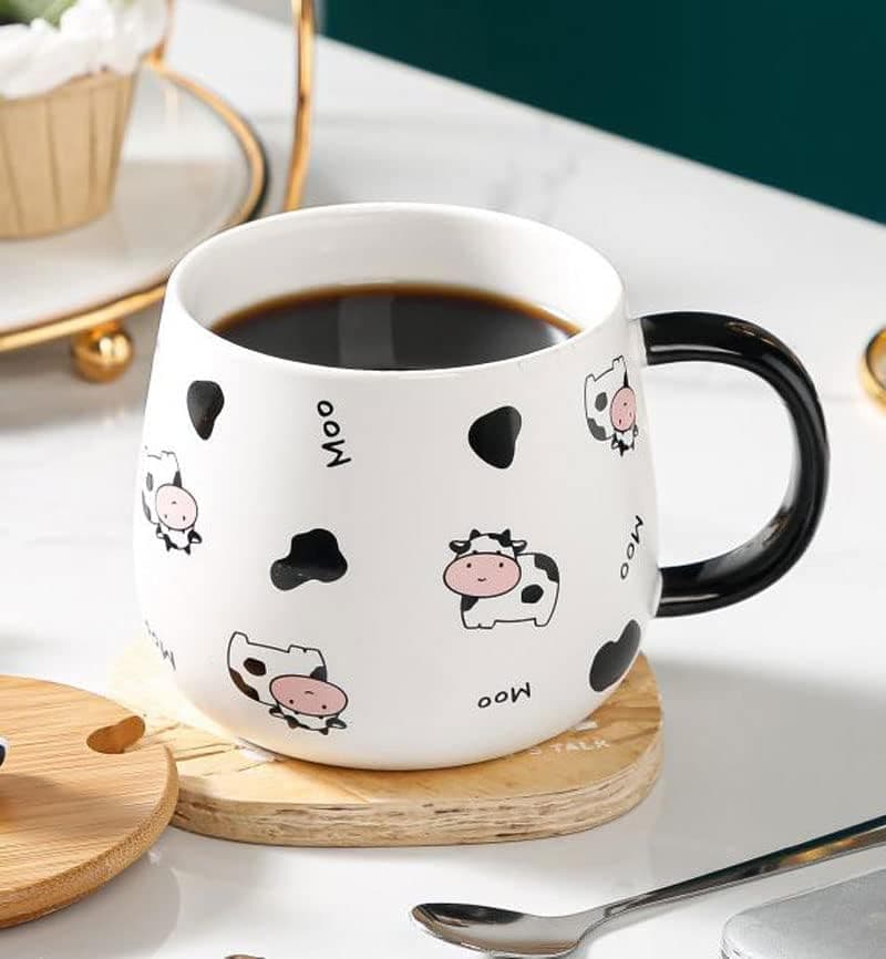 Tasse Vache Mignonne, Petit déJeuner, Café, avec Cuillère et Couvercle, Compagnon Amateur de Lait, pour Café, Boissons, Porridge (B, Céramique, 400ml)