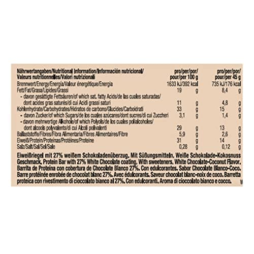 WEIDER Joe's Core Bar, délicieuse barre protéinée au cœur moelleux enrobé de chocolat blanc, barre protéinée avec plus de 31% de protéines, faible teneur en sucre, Goût Chocolat Blanc-Coco, 12 x 45 g