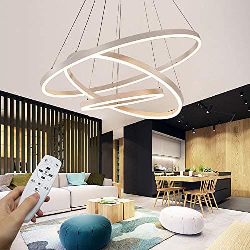 STARRYOL Suspension LED Moderne, Collection 3 Anneaux Peinture Blanche, Lustre Suspendu Réglable Plafonnier Contemporain, Dimmable 2700K - 6500K, avec Télécommande - 78W