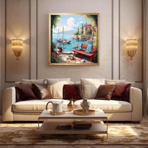 cukol cukol Canevas Broderie Point de Croix Kit Complet Adulte Debutant Compté Pré Imprimé Estampillé Moderne Débutant avec Fils, Facile 11ct Paysage de Rivage Cross Stitch Loisirs Créatifs Set 40x40