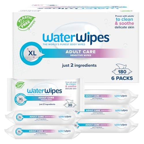 WaterWipes Lingettes Adultes Sensibles Corps & Parties Intime, 180 Lingettes (6 Paquets), Extra Grandes Texturées, 99,9% à Base d'Eau, Usage Quotidien