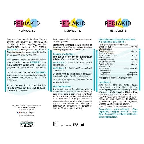 PEDIAKID - Sirop Nervosité -Complément Alimentaire Naturel - Formule Exclusive au Sirop d'Agave - Favorise l'Apaisement - Réduit l'Agitation - Arôme Naturel Cassis - Flacon de 125 ml
