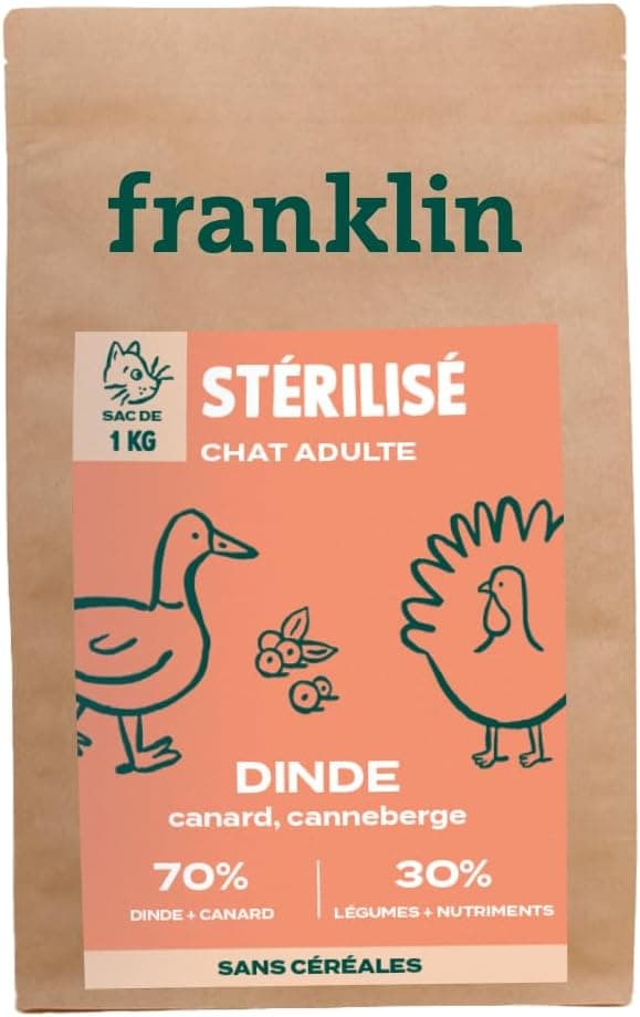 FRANKLIN – Croquettes Chat Stérilisé – 70% de Dinde et de Canard – 1 kg | Sans Céréales – Riche en Protéines – Contrôle du poids – Anti-boules de Poil – Taille 9 mm – Fermeture Intégrée