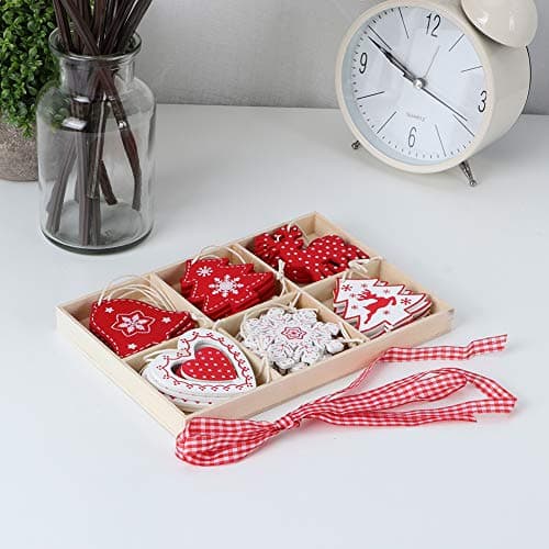 24 pcs Noël en Bois Decoration Sapin de Noel Rouge Blanc Bois Pendentifs d'arbre Decoration pour Sapin Ornement Suspension Noël Suspendu Arbre de Festival Décoration Artisanat Fête Christmas Deco