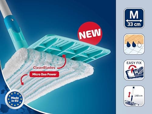 Leifheit Set PowerClean M, Balai serpillère et Seau essoreur ménageant Le Dos, kit avec Housse serpillière Micro Duo pour Un Nettoyage en Profondeur, mécanisme d'essorage Facile, Click-System