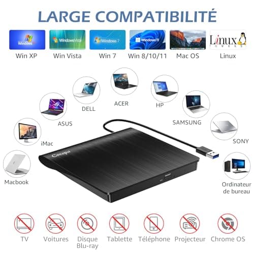 Cocopa Lecteur CD/DVD Externe pour PC, USB 3.0 Graveur Enregistreur Portable RW/ROM Mince Transmission Rapide Câble USB Intégrée Windows/Mac OS Apple/iMac/Macbook/Laptop/Desktops/PC Noi