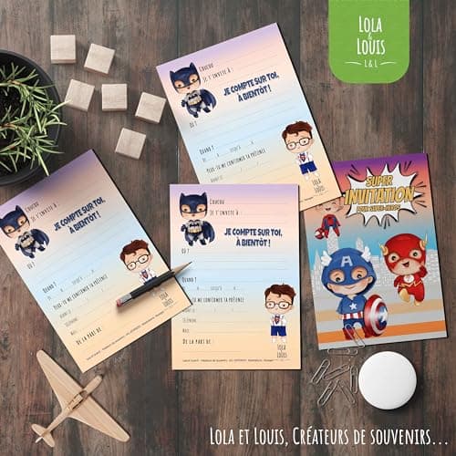LOLA & LOUIS® • 10 cartes invitation anniversaire en Français • 10 enveloppes • Thèmes super-héros (Spiderman, Flash, Captain America, Batman) • Cartons pour inviter filles et garçons