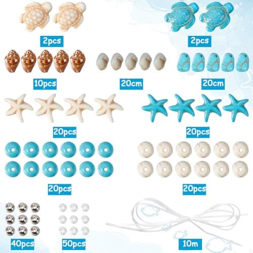 SUNNYCLUE 1 boîte 6 ensembles de Kits de Fabrication de Bracelets D'Été, Étoile de Mer, Tortue de Mer, Perles D'Animaux de L'Océan, Perles Turquoise Porte-Bonheur, Pierres Précieuses en Vrac, Breloque