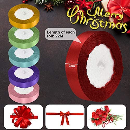 DECARETA 6 Rouleaux de Ruban Satin 22m*2cm Ruban de Soie Rubans de Couleur Ruban Satin Mariage Celebrate Ruban de Noël Coupable Rubans pour Emballage Cadeau, Decoratif, Bricolage, Artisanat
