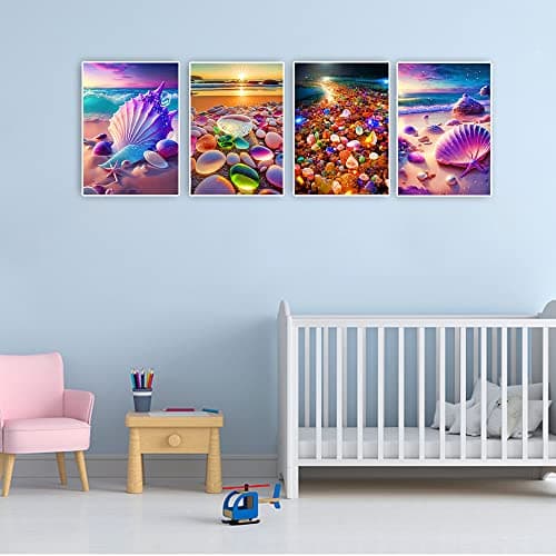DCIDBEI 4x 3D AI Peinture Diamant Paysage Plage 40x50 cm Diamond Painting Plage et Mer Diamond Painting Paysage Bord de Mer Diamond Painting Coquillage Diamond Painting Fluorescent Pierres