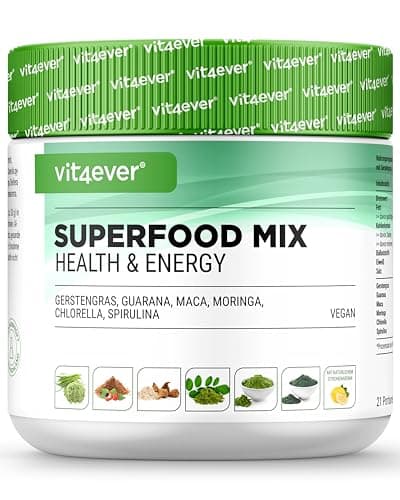 Combinaison de super aliments - 420 g de poudre (shake) avec herbe d'orge, guarana, maca, chlorella, spiruline, moringa - Power smoothie 100% naturel - Avec arôme citron - Vegan