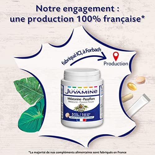 JUVAMINE - Mélatonine Passiflore - Sommeil 3 Actions : Détente, Endormissement Facilité et Sommeil Réparateur - 90 Comprimés - Format 3 Mois - Fabriqué en France