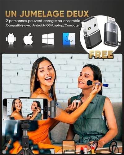 Micro Cravate sans Fil pour iPhone/iPad/Téléphone Android/Ordinateur Portable, IUMAKEVP Plug-Play Microphone à Clipser Revers avec Réduction du Bruit pour Enregistrement Vidéo/Vapeur en Direct(2 Mics)