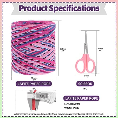Swpeet 1 rouleau de ruban en raphia rouge rose de 200 m avec kit d'assortiment de ciseaux, ficelle de raphia naturelle pour cadeaux, fournitures de bricolage, bouquets de fleurs