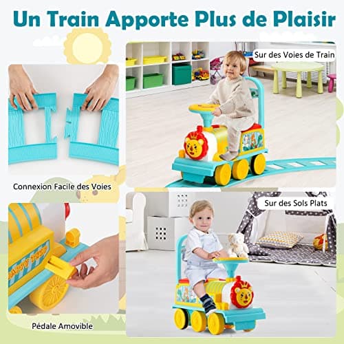 DREAMADE Train de Porteur Bébé Électrique avec 16 Pistes, Voiture à Pousser avec Lumières et Sons,Espace caché sous Le Siège, Cadeau de 3 Ans + (Bleu)