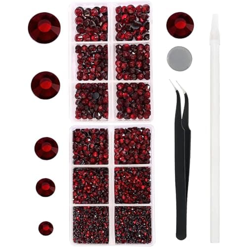 YHMQ DU 6616 Pièces Chemise en Tissu de Verre Cristal Strass Hotfix Rouge Foncé pour Vêtements Dos Plat Étincelant Rond avec Pince à Épiler et Stylo pour Collection (Ensemble SS6 ~ SS30)