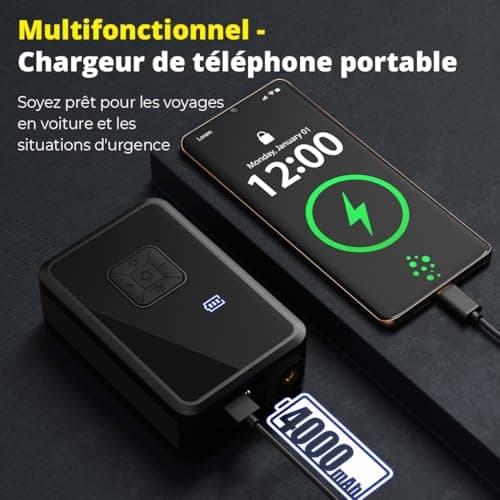 Oasser Gonfleur Pneus Voiture sans Fil Mini Compresseur à Air Portatif 150 PSI (10,3 Bar) Inflation Rapide Cylindre 17 mm Type-C USB Charge avec Tuyau de 30 cm et Sac de Rangement