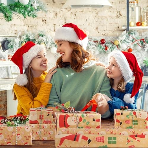 AhfuLife 2 Rouleau Kraft Papier Cadeau Noël, 43cm×15m Recyclable Papier Emballage Cadeaux Noel avec Motifs Fins pour Enfant Emballage des Cadeaux, Décor de Noël(C : Hoho/Père Noël)