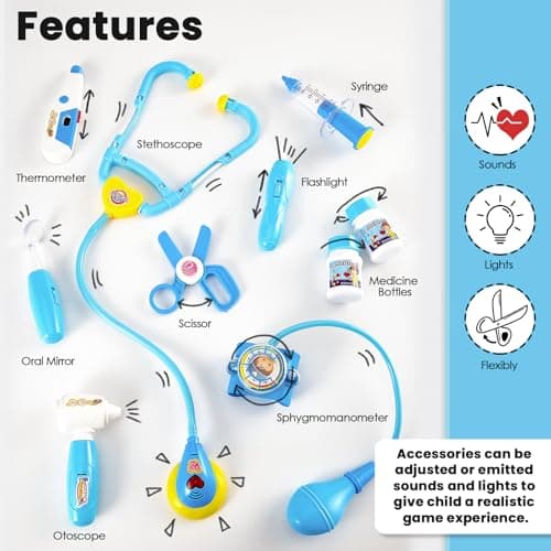 BUYGER Malette Docteur Enfant Jouet avec Déguisement de Docteur, Kit Medecin Outils Stetoscope Cadeau pour Garçon et Fille (Bleu)