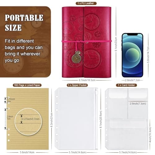 Carnet de notes en Cuir, Rechargeable Carnet De Voyage Agenda Vintage à spirales Avec papier ligné Journal Intime Cadeau pour fille et garçon, 23x16.5cm Rose rouge