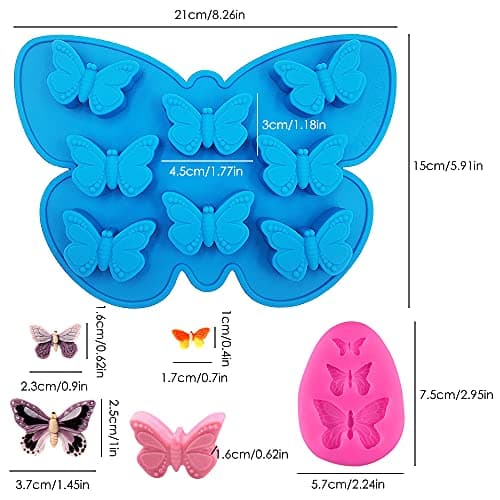 SENHAI Lot de 4 moules en silicone en forme de papillon – 2 mini moules en forme de papillon et 2 plateaux en silicone en forme de papillon normal, pour chocolat, bonbons, savon, glaçons
