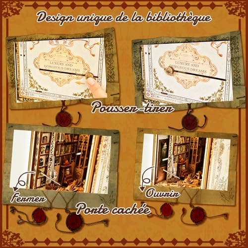 BuzzoXerex DIY Book Nook, Miniatures Nook avec Housse de Protection, Miniatur Haus Selber Bauen avec Lampes LED, Maquette en Bois a Construire avec Meublé (Bibliothèque du Palais)