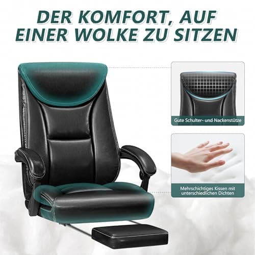 DoChair Fauteuil de Direction Chaise de Bureau Large siège de Bureau Ergonomique Dossier Haut 150KG avec Repose-Pieds Office Chair en Cuir PU, Noir