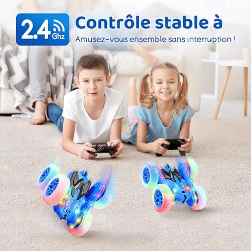 SGILE Voiture Télécommandée, Voiture Cascadeuse avec Bandes Lumineuses Latérales et Phares, 2.4Ghz, Rotations à 360°, Voiture RC Rechargeable Jouet pour Garçons Filles Cadeau d'anniversaire, Bleue