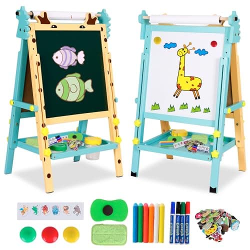 3 en 1 Tableau Enfant Double Face en Bois Avec Rouleau de Papier,Chevalet Magnétique à Hauteur Réglable,Plateau et Autres Accessoires pour Enfants de 2 à 8 Ans