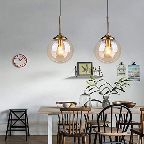 LFsem Industriel Rétro Suspensions Boule De Verre Lampe Suspension Raccords En Laiton Suspension E27 Loft Suspension pour Salon Salle À Manger Chambre (Célibataire, Ambre)