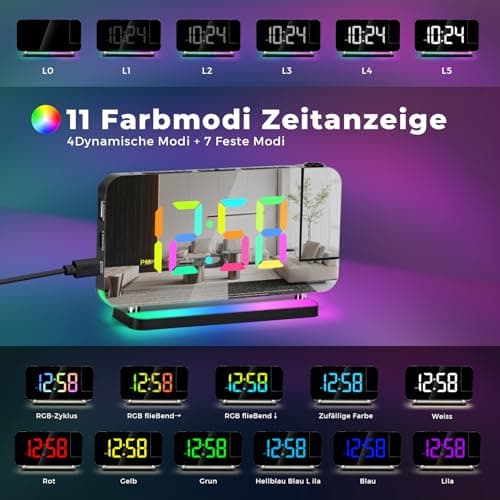 U-picks Réveil Numérique,Réveil avec Projection,Horloge Miroir LED de 7,4" projecteur rotatif à 180°affichage numérique 11 Color RVB,Veilleuse 10 color,Horloge de table numérique à 5 niveaux de Volume