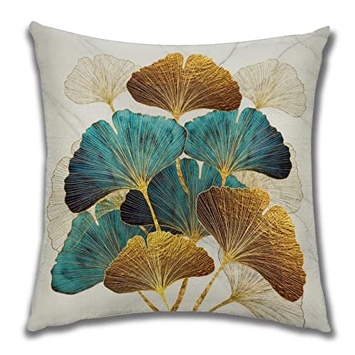 OCEUMACO Housse de Coussin 40x40 Ginkgo Feuilles Dorées Tropical Décoratif Housses Coussins pour Canapé Chaise Salon Lot de 4 Jungle Doré Bleu Canard Taie d'oreiller en Lin Scandinave - Or