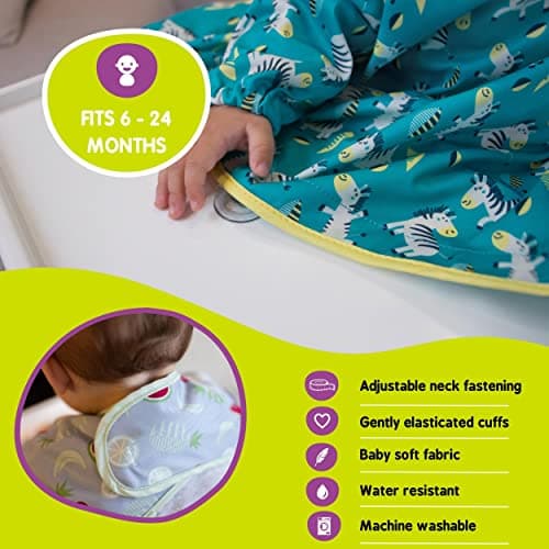 Tidy Tot®TM Cover & CatchTM Pack Duo. 2 Bavoir Manches Longues pour Bébé. Se Fixe sur les Chaises Hautes. Tablier Imperméable pour L'alimentation des Bébés. Bavoirs DME. Sac de Voyage Inclus.