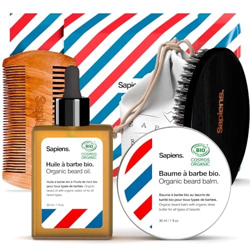 Sapiens Barbershop Kit Barbe Homme Made in France - Coffret Soin Barbe avec Huile Barbe et Baume Barbe BIO, Brosse à Barbe et Peigne, Pochette - Coffret Cadeau Homme