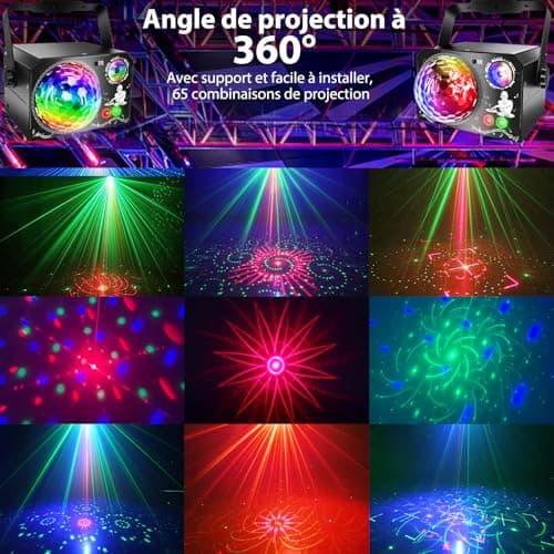 Lampe de Scène 4 en 1, Fwiull Lumière Disco avec Télécommande et Stroboscope, 65 Effets Lumineux RGB UV, USB Lumineux Boule Disco Musique Commande Vocale, Idéal Lumiere pour Soirée, Fête, Karaoké,Noël