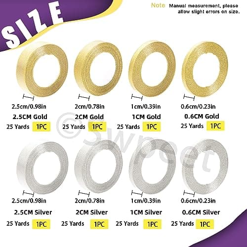 Swpeet Lot de 8 rouleaux de 200 m au total 2 couleurs pailletées argentées et dorées, ruban à paillettes métallisées, rubans d'emballage cadeau d'environ 0,6 cm, 1,2 cm, 1,2 cm, 2,5 cm de large pour