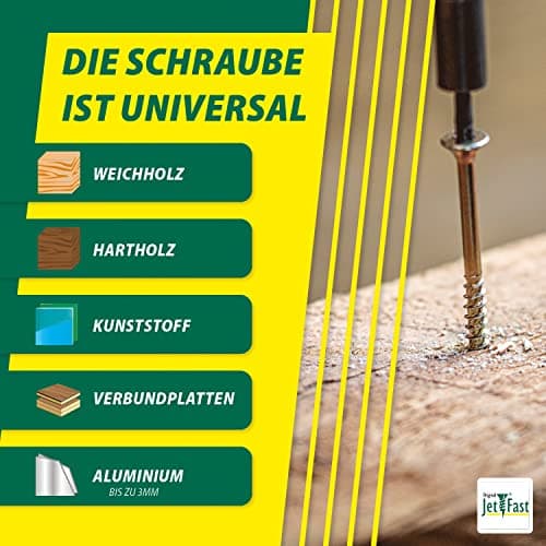 Jet-Fast Premium Vis universelles 5,0 x 90 mm, 100 pièces, tête fraisée Duo, filetage partiel TX, bleu galvanisé, vis à bois, vis pour panneaux d'aggloméré, pointe Cut