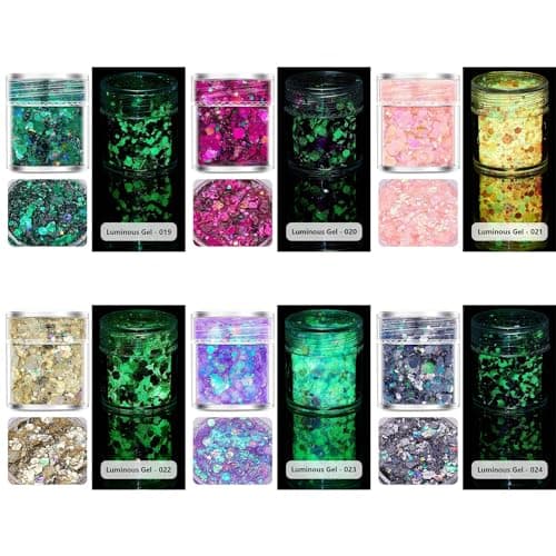 Lumineuse Gel Paillettes Visage, MKNZOME 12 Couleurs Fluorescent Paillettes Visage Festival Chunky Paillettes Maquillage Carnaval Chunky Glitter Gel Corps Cheveux Fête Noël Pâques Anniversaire