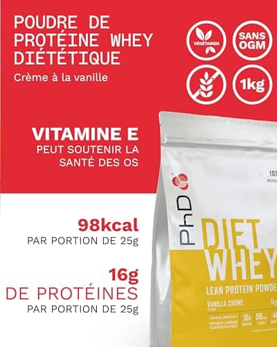 PhD Nutrition Diet Whey Poudre de protéines 1kg Crème vanille, Poudre de protéines High Protein pauvre en calories pour compléter le régime avec 16g de protéines par portion