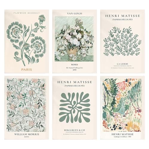 KiKiHong 6 Pièces Poster Matisse Vert Sauge Affiches D'exposition Henri Matisse Poster Mural Vintage pour Salon Salle à manger chambre à Coucher 20 x 25cm-Sans Cadre