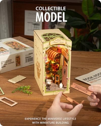 Rolife Book Nook Coin des Fleurs Booknook avec Lumière LED Kit Maisons de Poupées DIY Maison Miniature Puzzle en Bois 3D pour Adultes Bibliothèque Décoration Cadeau d'anniversaire