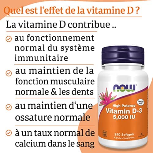 Now Foods, Vitamin D3 Depot, 5.000IU, Cholécalciférol, Haute Dosé, 1 Capsule tous les 5 Jours, 240 Capsules molles, Testé en Laboratoire, Sans Soja, Sans Gluten, Sans OGM