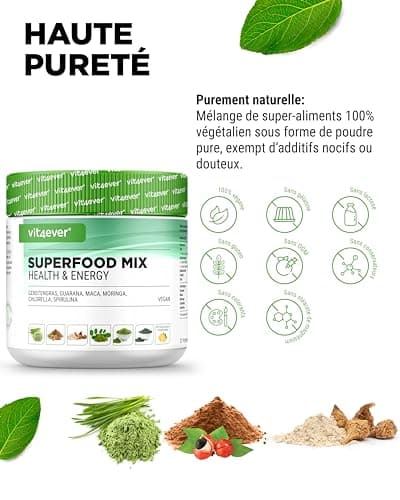 Combinaison de super aliments - 420 g de poudre (shake) avec herbe d'orge, guarana, maca, chlorella, spiruline, moringa - Power smoothie 100% naturel - Avec arôme citron - Vegan