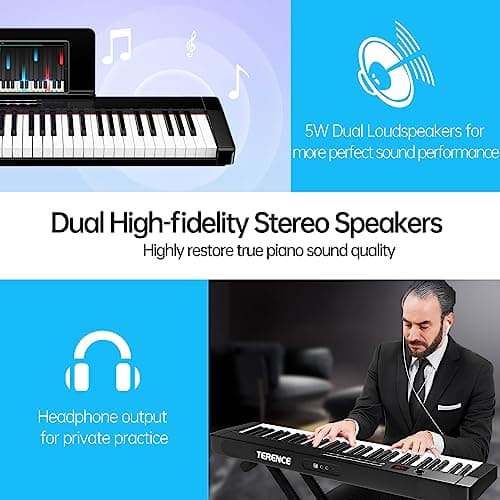 TERENCE Piano Numérique 61 Touches Lumineuses support de partitions semi-lestées avec Stands et Batterie de 1750mAh et interface MIDIBluetooth Sacs pour Clavier Câble audio Casque Noir