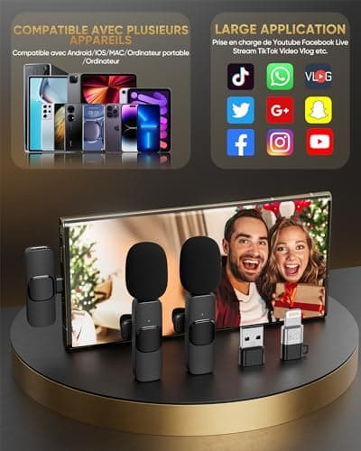 Micro Cravate sans Fil pour iPhone/iPad/Téléphone Android/Ordinateur Portable, IUMAKEVP Plug-Play Microphone à Clipser Revers avec Réduction du Bruit pour Enregistrement Vidéo/Vapeur en Direct(2 Mics)